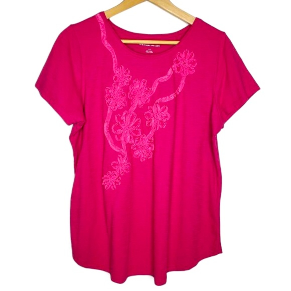 Allison Daley Women's Pink Embroidered 3D Floral Ribbon Lightweight Shirt L